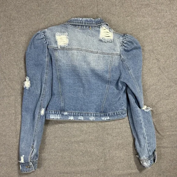 Clara Jayne Jean Jacket Women's M Cropped Ruffled Distressed Denim L/S - Picture 9 of 9